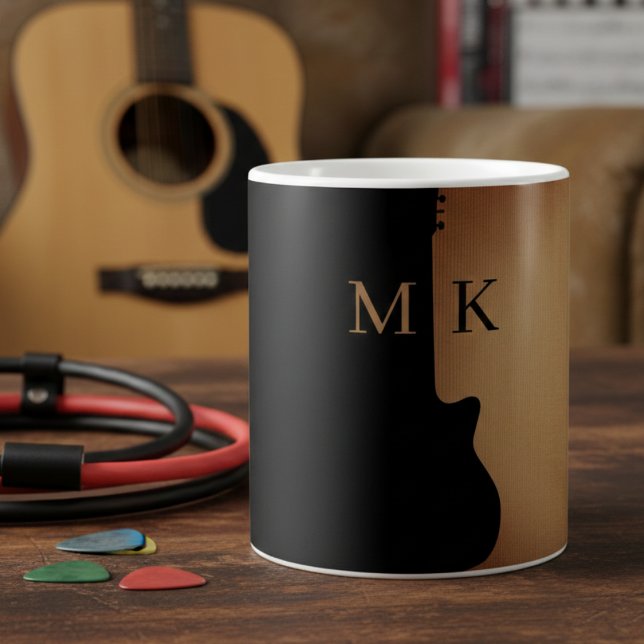 Mug Guitare Silhouette Bois Brun Monogramme Nom (Créateur téléchargé)