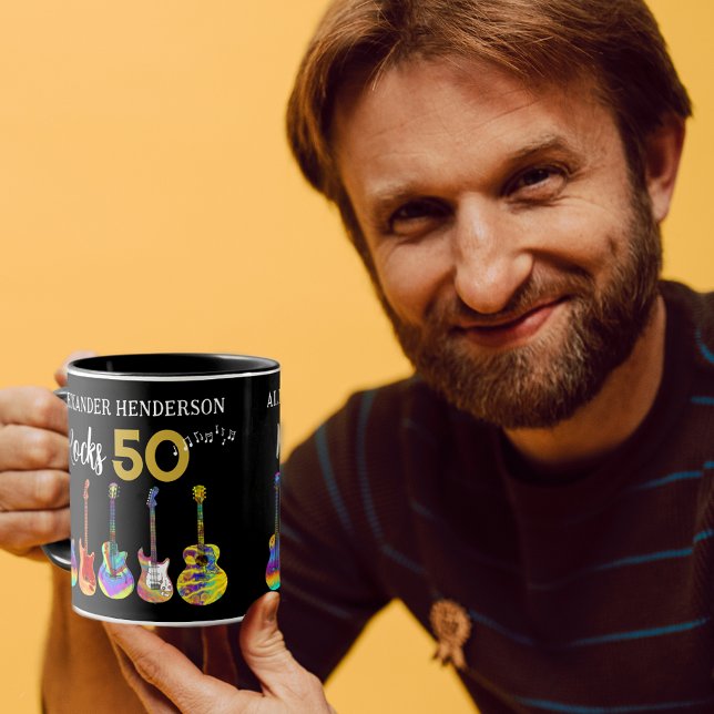 Mug Guitares pour les 50 ans du Rock and Roll (Rock and roll personalized rocks 50 funky psychedelic guitars coffee mug for him)