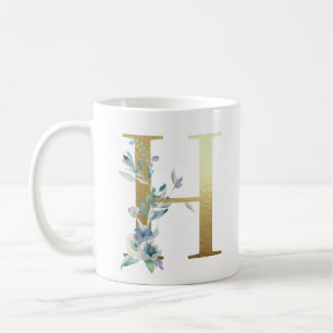 Mug H initial doré avec feuillage floral bleu