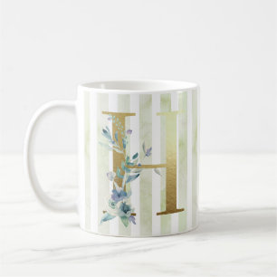 Mug H initiale dorée sur bandes bleu et blanc