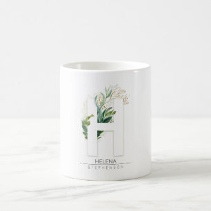 Mug H Monogramme Gold Green Feuilles Nom élégant