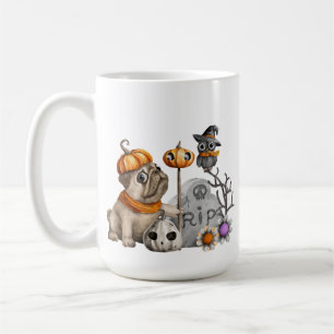MUG HALLOWEEN ADORABLE CARLIN DOG OWLS FLEURS TOMB STO