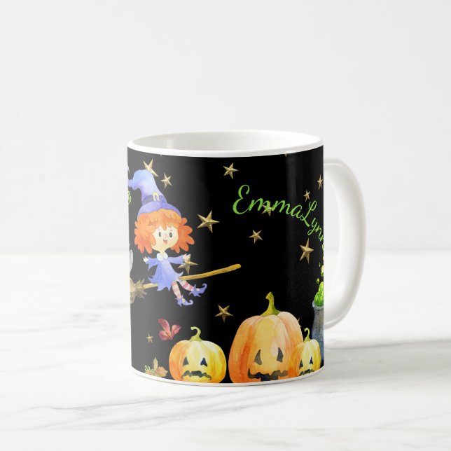 Mug Halloween Amusant Violet Sorcière Volant Broom Ver (Devant droit)