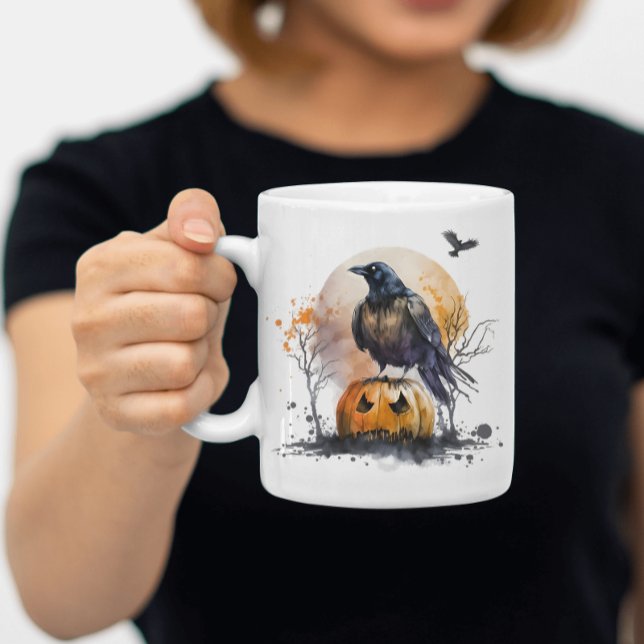 Mug Halloween Citrouille de corbeau d'aquarelle (Créateur téléchargé)
