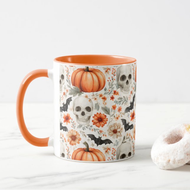Mug Halloween Crânes fleurs et citrouille (Avec donut)