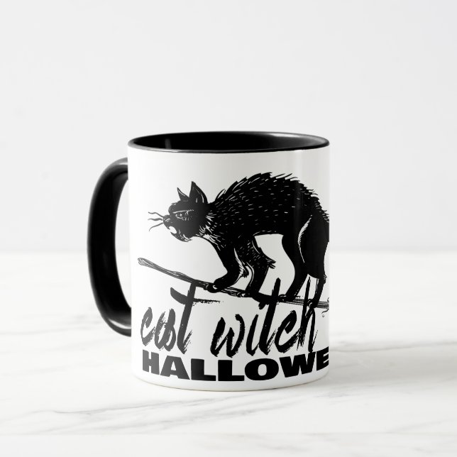Mug Halloween Drôle Chat Sorcière Sur Broomstick (Devant gauche)