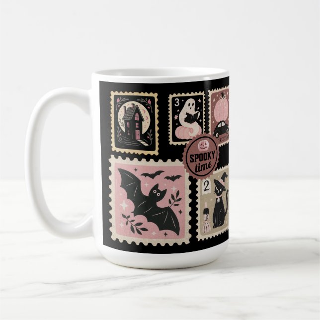 Mug Halloween en rose timbres Postal Chat Citrouille c (Gauche)