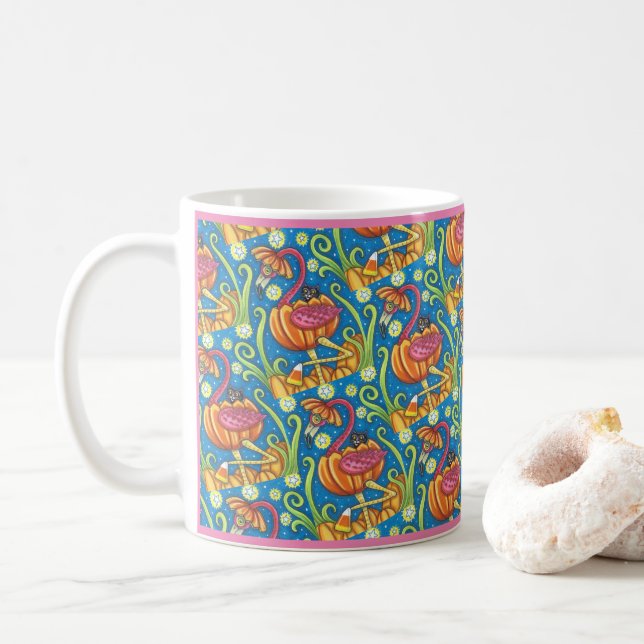 MUG HALLOWEEN FLAMANT ROSE ROSE & CHAT NOIR EN CITROUI (Avec donut)