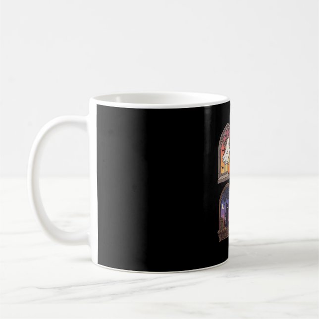 Mug Halloween Gothique Fenêtre Fantôme Citrouille Chat (Gauche)