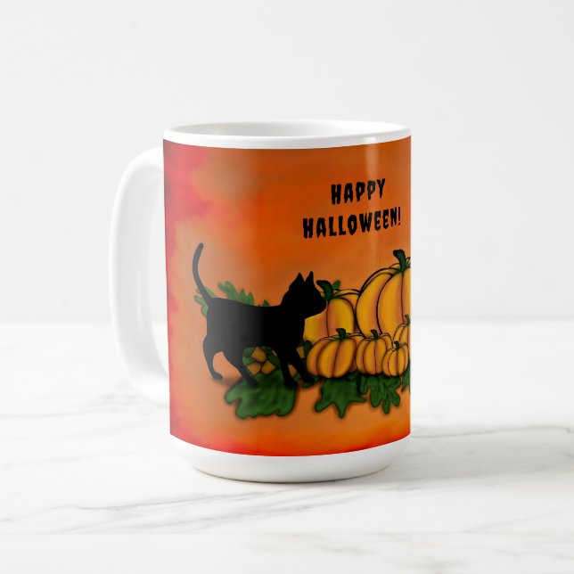Mug Halloween heureux, Chat noir, Chat et Citrouille (Devant gauche)