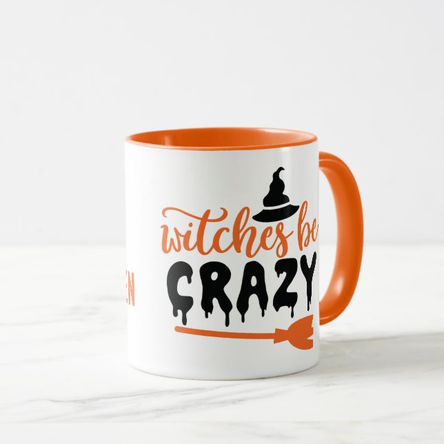 Mug Halloween heureux, sorcières être fou, noir & oran (Devant droit)