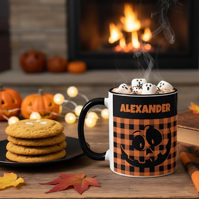 Mug Halloween Jack-O-Lantern Orange & Black Plaid Name (Créateur téléchargé)