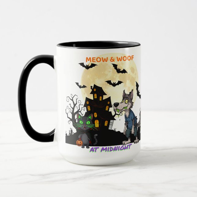 Mug Halloween "Meow & Woof at Midnight" Chat & Werewol (Gauche)