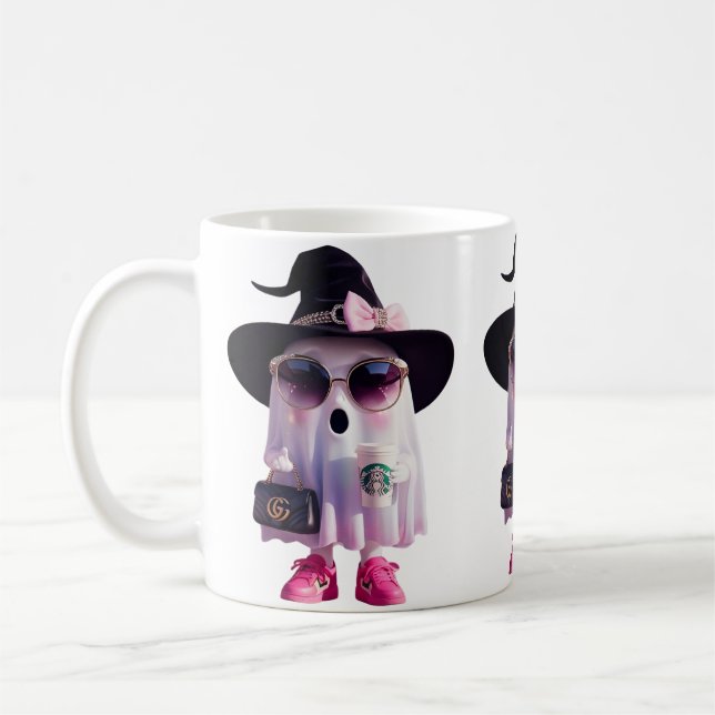 Mug Halloween mignonne petite dame fantôme avec café (Gauche)