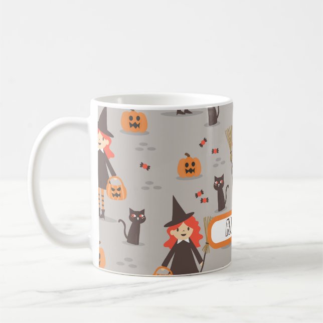 Mug Halloween mignonne sorcière, Citrouille, Chat noir (Gauche)