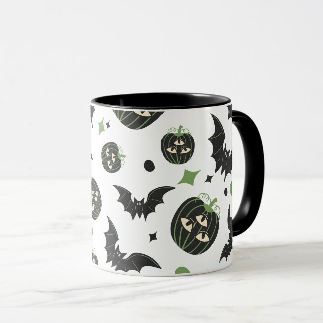 Mug Halloween moderne à 3 yeux Citrouille et chauves-s (Devant droit)