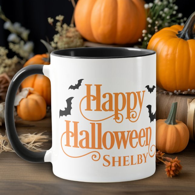 Mug Halloween noir et orange personnalisé (Personalized Black and Orange Happy Halloween Mug - Just add your name!)