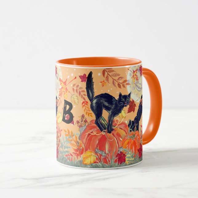 Mug Halloween Orange Citrouille Chat noir Chat Automne (Devant droit)
