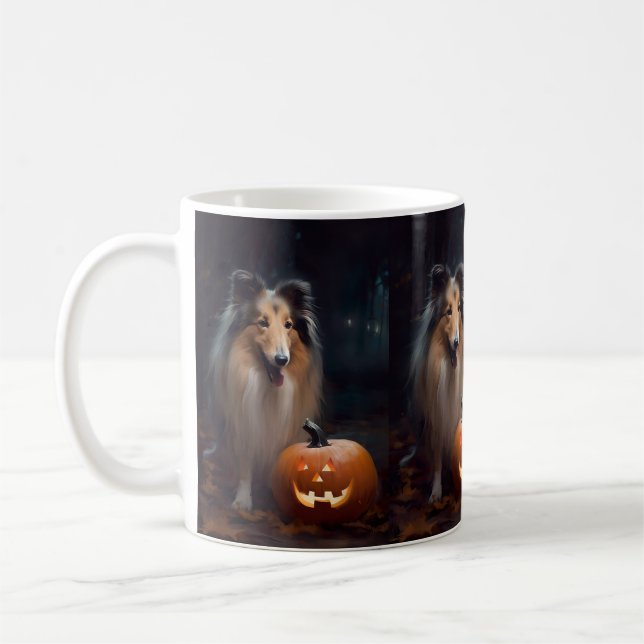 Mug Halloween Rough Collie avec citrouilles effrayante (Gauche)