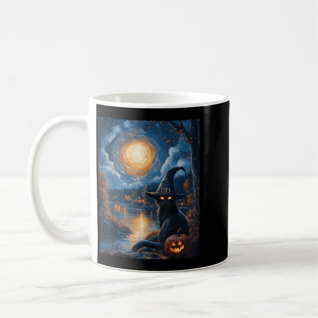 Mug Halloween Van Gogh Nuit Étoilée Chat Noir Citrouil (Gauche)