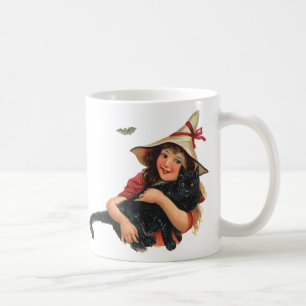 Mug Halloween vintage, sorcière avec chat noir