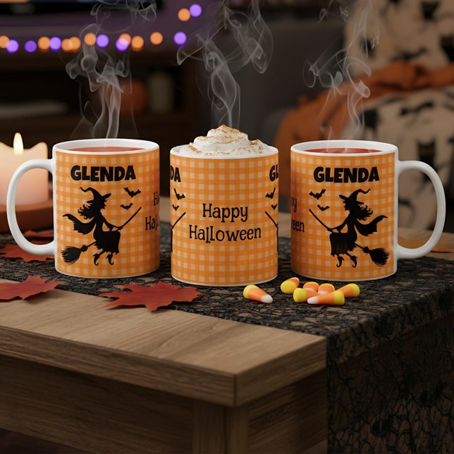 Mug Halloween Witch & Bats Orange Plaid Custom Name (Créateur téléchargé)