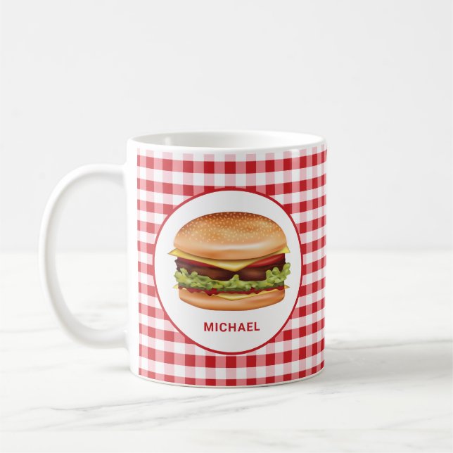Mug Hamburger sur gingham rouge avec texte personnalis (Gauche)