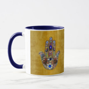 Mug Hamsa Cœurs Fleurs Opale Art sur Or
