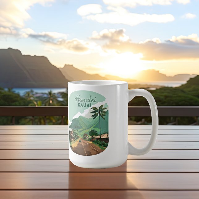Mug Hanalei Kauai Hawaii Bay Mounts Green (Hanalei, Kauai, in Hawaii mug on a patio tabel in front of sunrise over Hawaiian mountains and ocean)