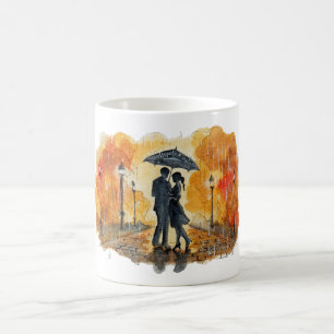 Mug Hand Painted Romantic Couple in Rain Watercolor