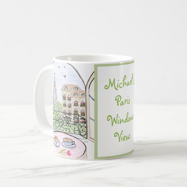 Mug Handpainted Whimsical Paris Drawing PERSONALIZE (Devant gauche)
