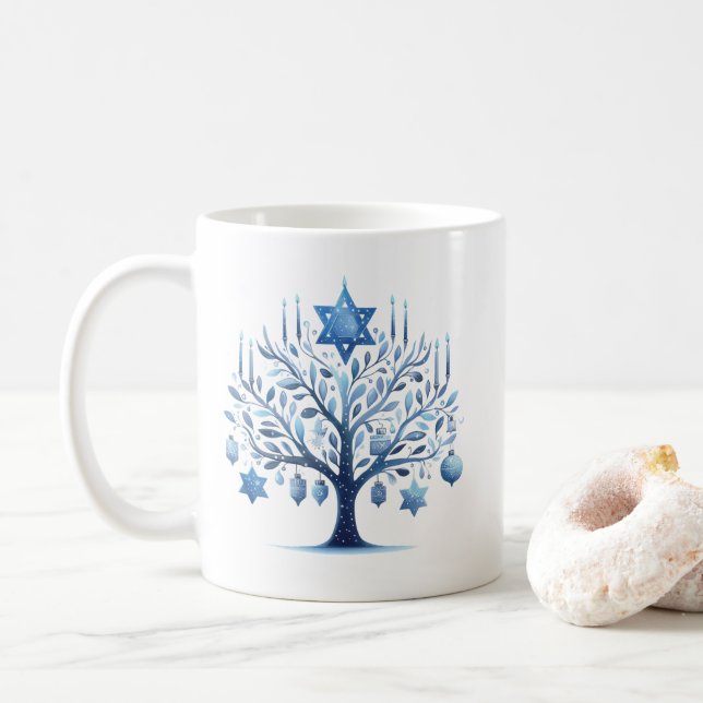 Mug Hanoukka Blue Menorah Tree Star de David (Avec donut)