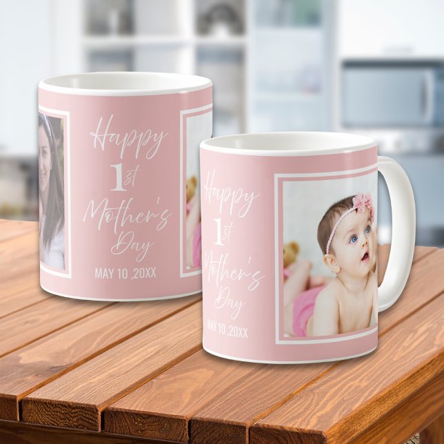 Mug Happy 1st Mother's Day Baby Pink 2 Photo Collage  (Créateur téléchargé)