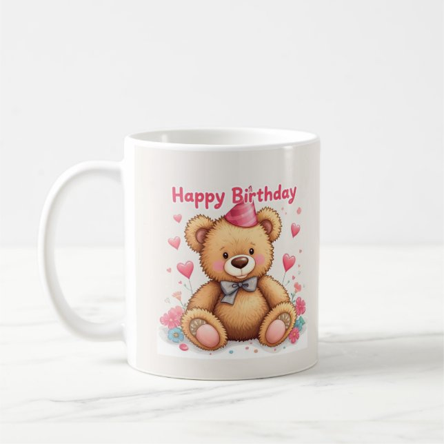Mug Happy Birthday Cute Teddy Bear with Pink Hearts (Gauche)
