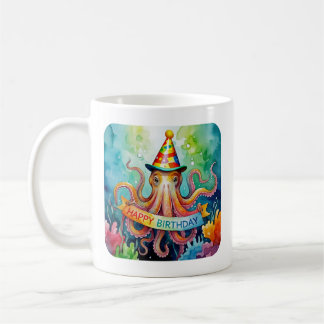 Mug Happy Birthday Octopus Party Hat Watercolor Design