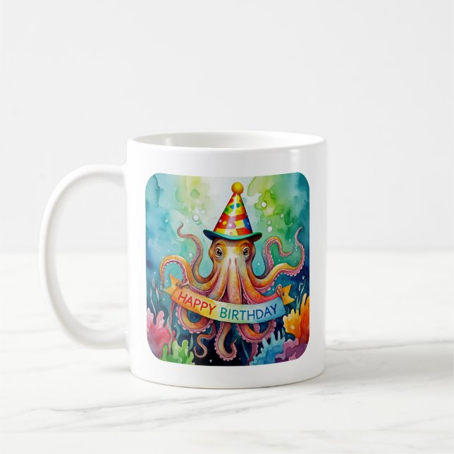Mug Happy Birthday Octopus Party Hat Watercolor Design (Gauche)
