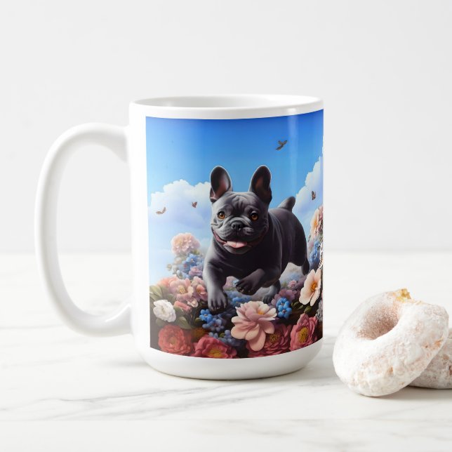Mug Happy Blue French Bulldog & Flowers (Avec donut)