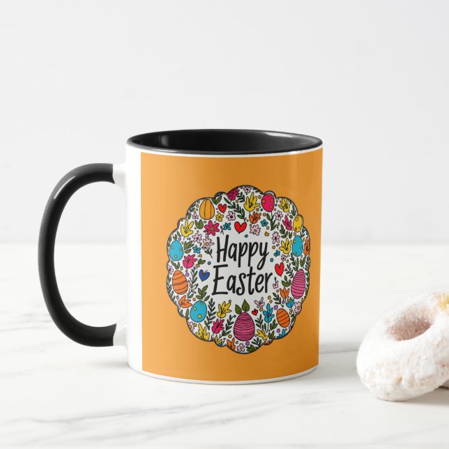 Mug Happy Easter – Decorative Floral Wreath caneca (Avec donut)