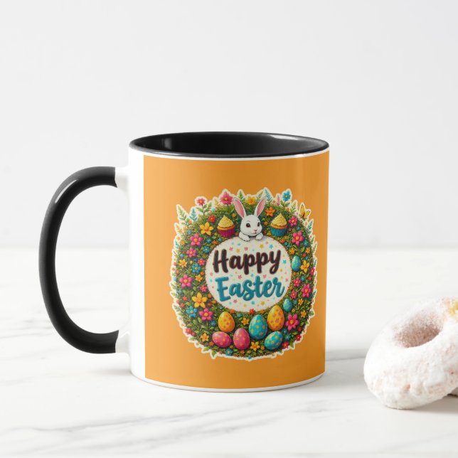 Mug Happy Easter – Floral Spring Wreath caneca (Avec donut)
