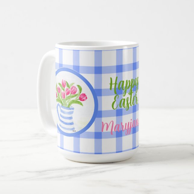 Mug Happy Easter Watercolor Tulips Blue Check (Devant gauche)