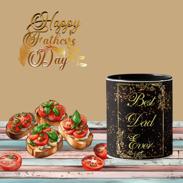 Mug Happy Fête des pères Calligraphie or Confetti Noir (Happy Father's Day Calligraphy Gold Confetti Black Mug)