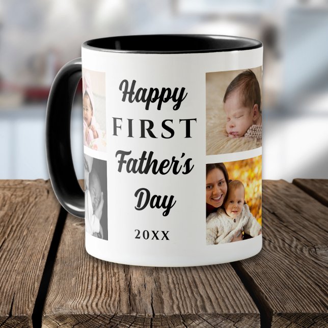 Mug Happy First Father's Day Black 8 Photo Collage Dad (Créateur téléchargé)
