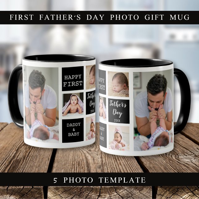 Mug Happy First Fête des pères 5 Photo Collage noir (Happy First Father's Day 5 Photo Collage Black Mug
)