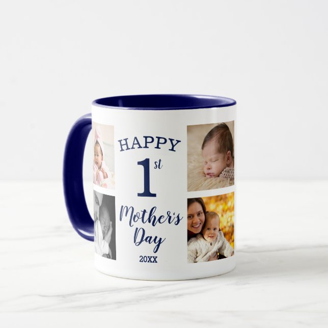 Mug Happy First Mother's Day 8 Photo Collage Navy Blue (Devant gauche)