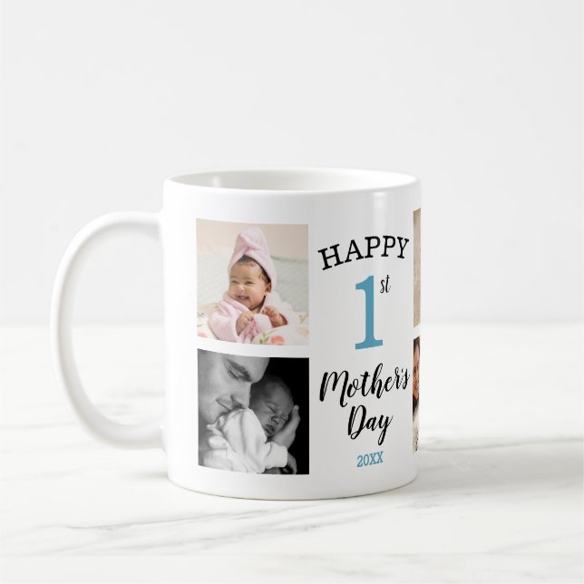 Mug Happy First Mother's Day Blue 8 Photo Collage (Gauche)