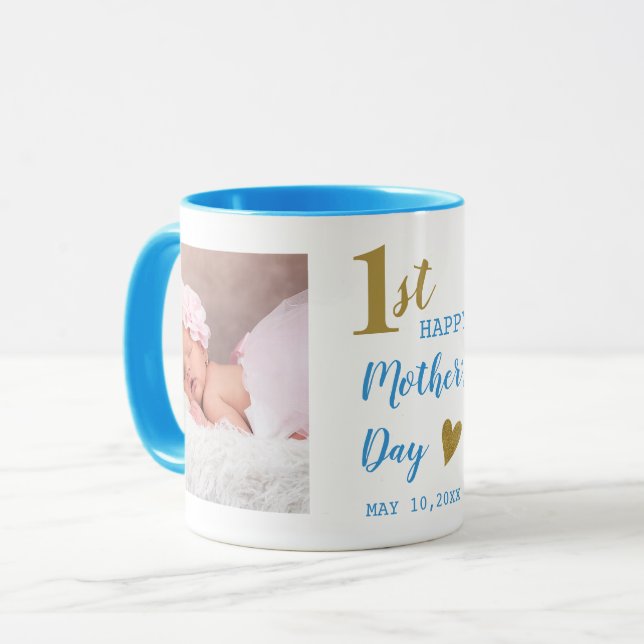 Mug Happy First Mother's Day Blue And Gold  2 Photo  (Devant gauche)