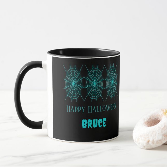 Mug Happy Halloween neon bleu spiderweb noir (Avec donut)