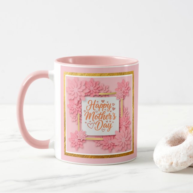 Mug Happy Mother’s Day Floral Gold Frame and  Pink (Avec donut)