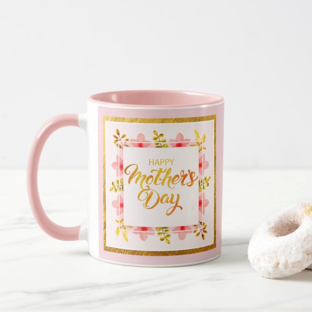 Mug Happy Mother's Day Floral, Elegant Pink & Gold  (Avec donut)