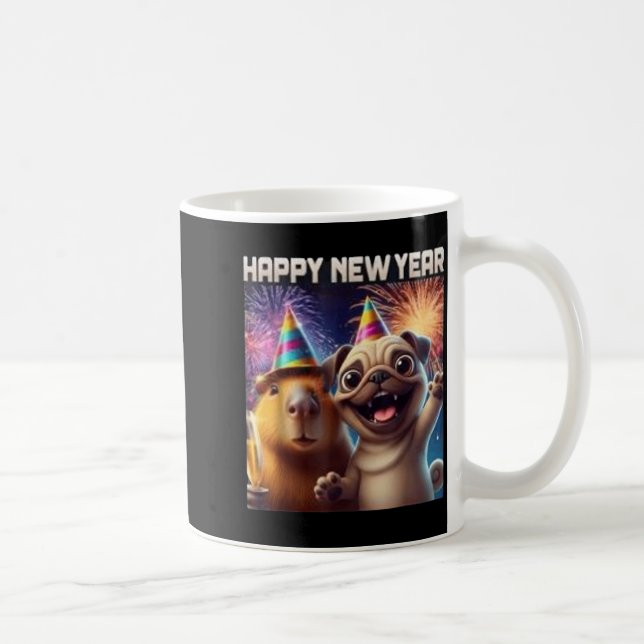 Mug Happy New Year 2026 Capybara Pug Party Art  (Droite)